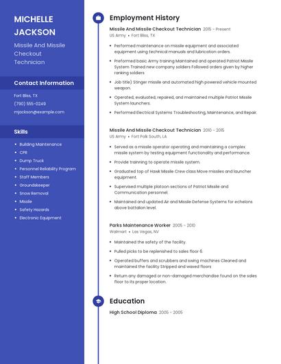 Missile And Missile Checkout Technician Resume