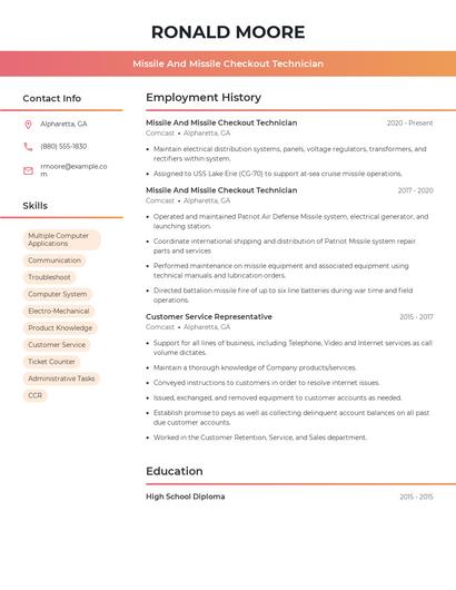 Missile And Missile Checkout Technician Resume