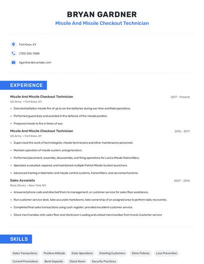 Missile And Missile Checkout Technician Resume