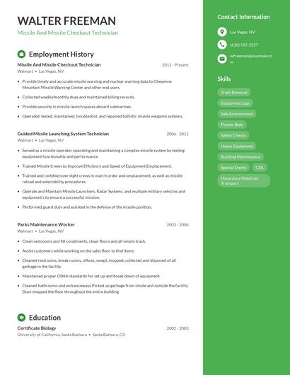 Missile And Missile Checkout Technician Resume