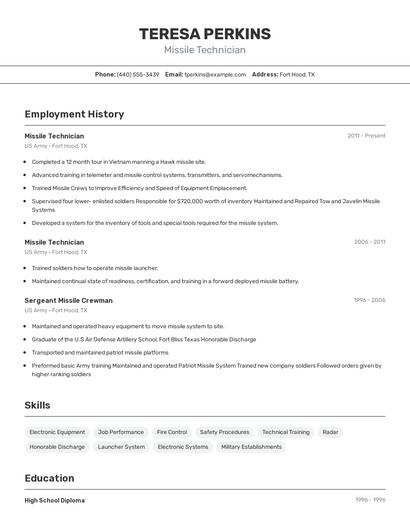 Missile Technician Resume