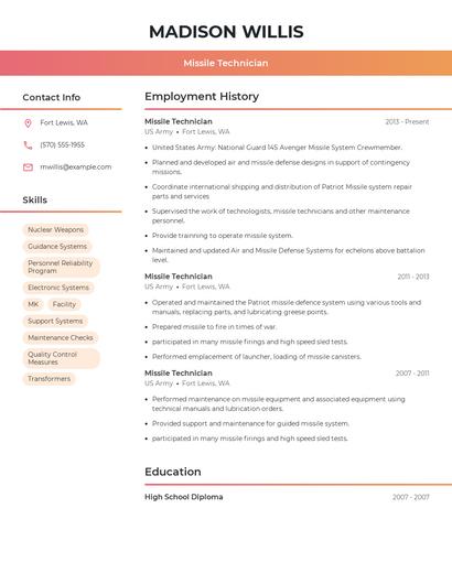 Missile Technician Resume