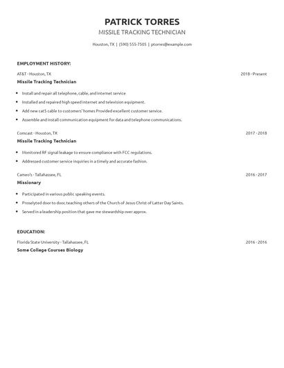 Missile Tracking Technician Resume
