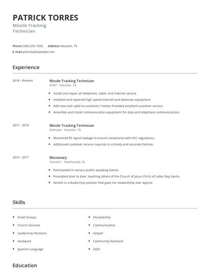 Missile Tracking Technician Resume