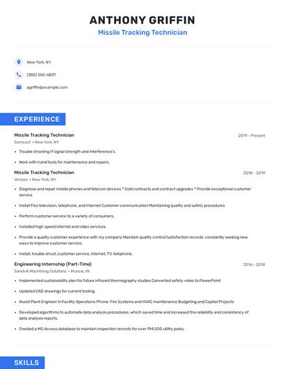 Missile Tracking Technician Resume