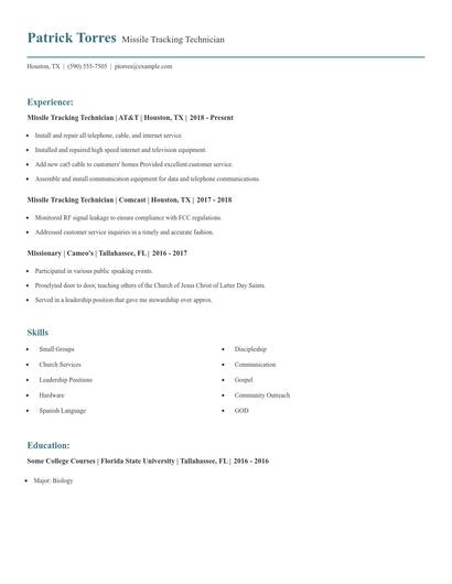 Missile Tracking Technician Resume