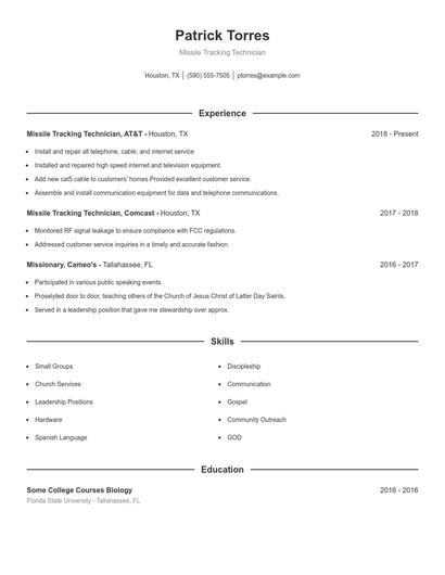 Missile Tracking Technician Resume