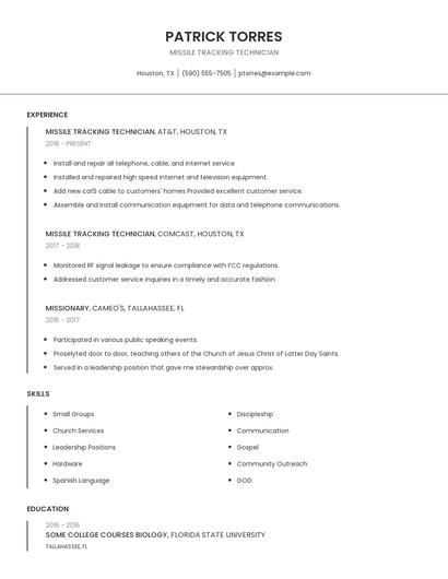 Missile Tracking Technician Resume