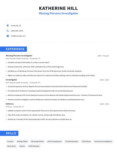 Missing Persons Investigator Resume