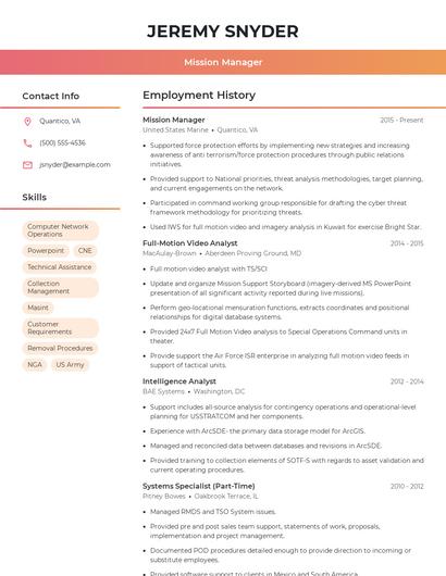 Mission Manager Resume