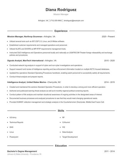 Mission Manager Resume