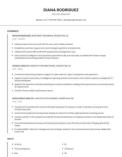 Mission Manager Resume