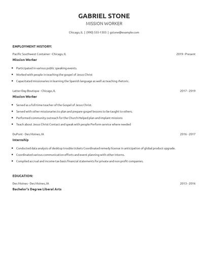 Mission Worker Resume