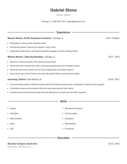 Mission Worker Resume