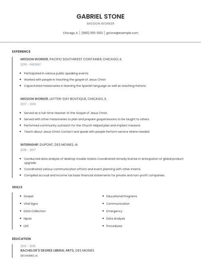 Mission Worker Resume