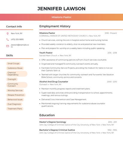 Missions Pastor Resume