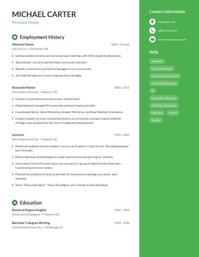 Missions Pastor Resume