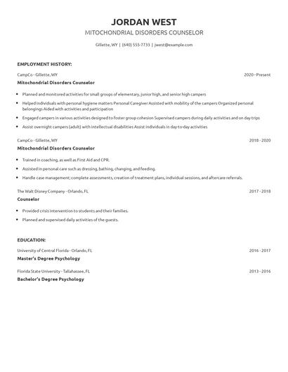 Mitochondrial Disorders Counselor Resume