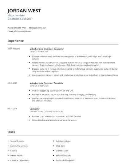 Mitochondrial Disorders Counselor Resume