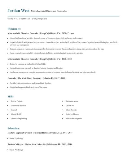 Mitochondrial Disorders Counselor Resume