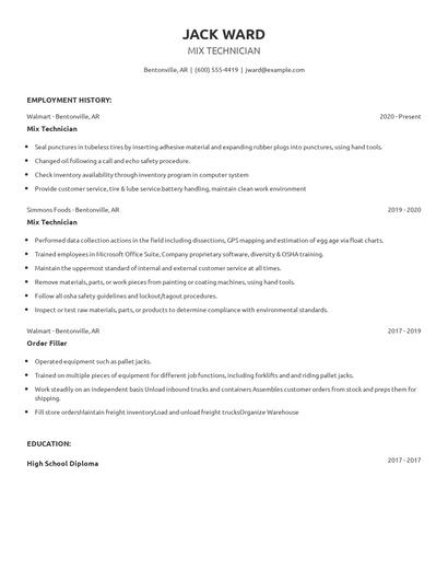Mix Technician Resume