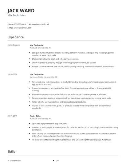 Mix Technician Resume