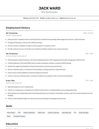 Mix Technician Resume