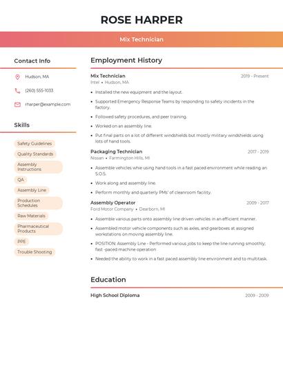 Mix Technician Resume
