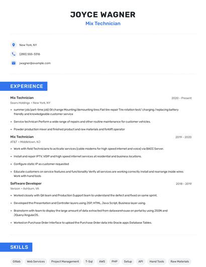 Mix Technician Resume