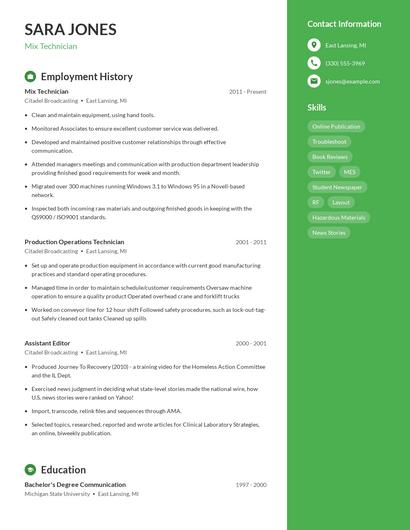 Mix Technician Resume
