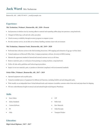 Mix Technician Resume