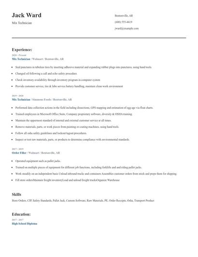 Mix Technician Resume