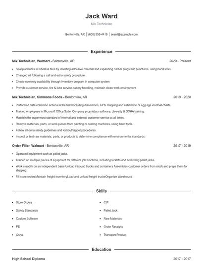 Mix Technician Resume