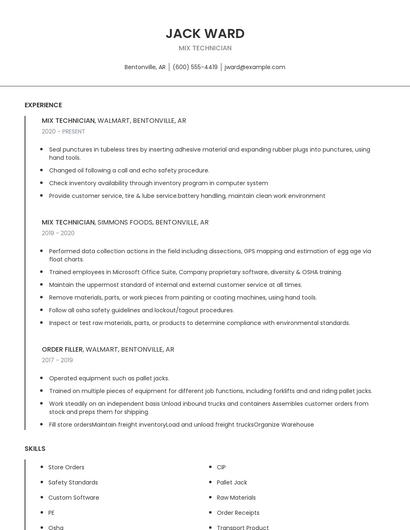 Mix Technician Resume