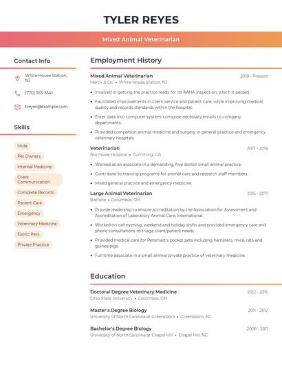 Mixed Animal Veterinarian Resume