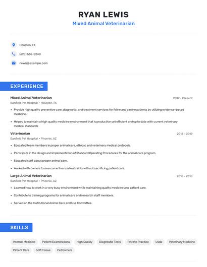 Mixed Animal Veterinarian Resume