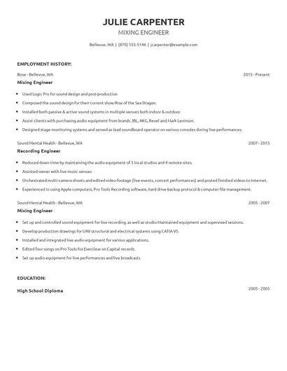Mixing Engineer Resume