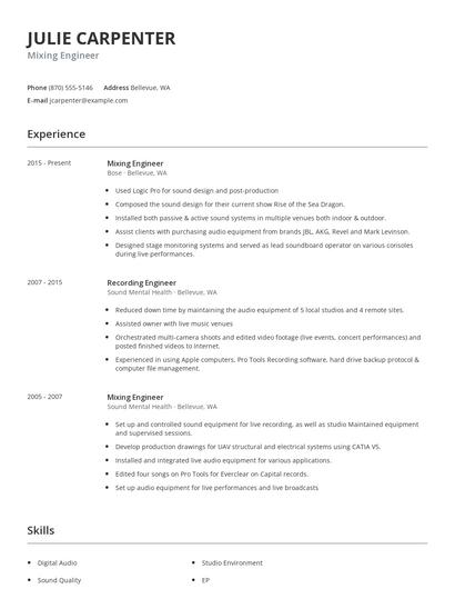 Mixing Engineer Resume