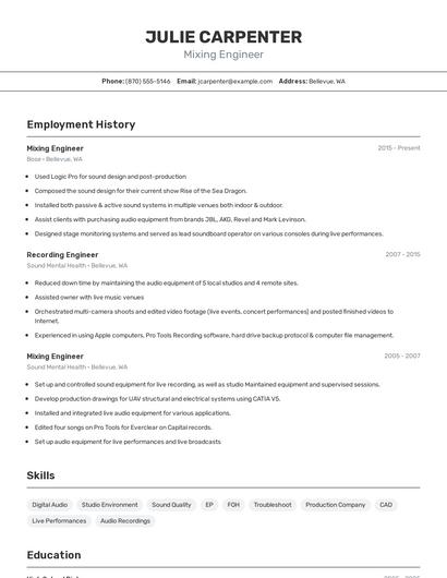 Mixing Engineer Resume