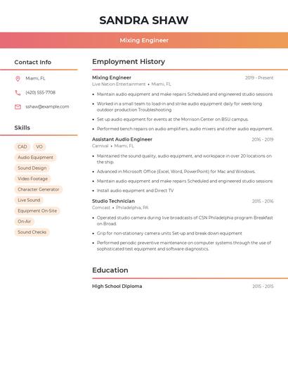Mixing Engineer Resume