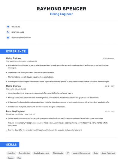 Mixing Engineer Resume