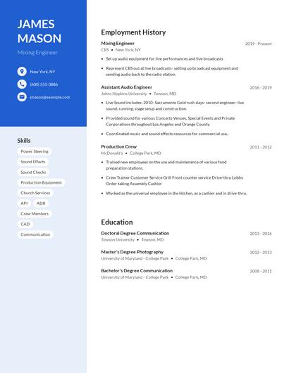 Mixing Engineer Resume