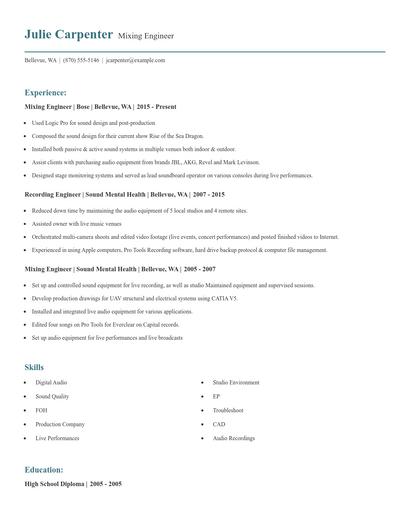 Mixing Engineer Resume