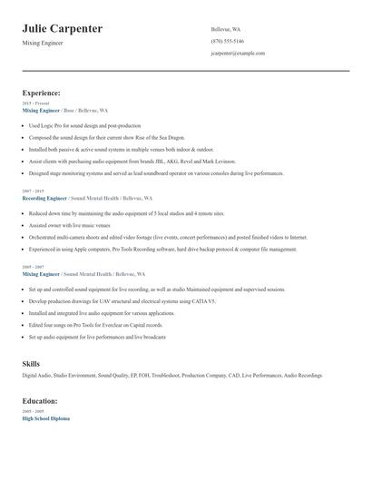 Mixing Engineer Resume