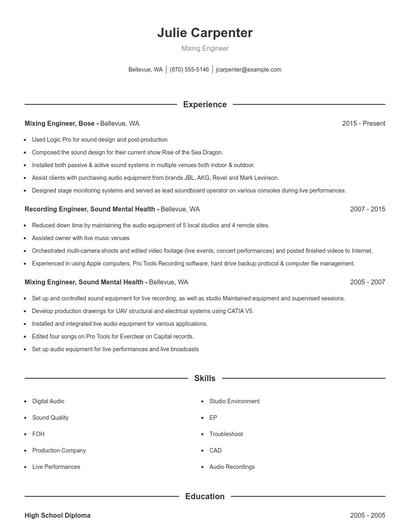 Mixing Engineer Resume