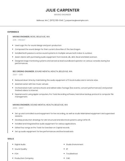Mixing Engineer Resume