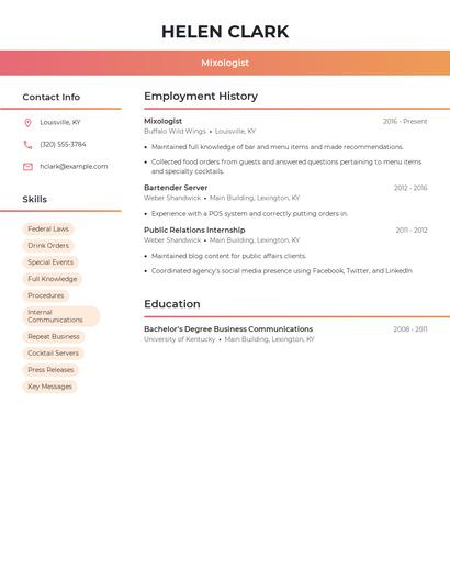 Mixologist Resume