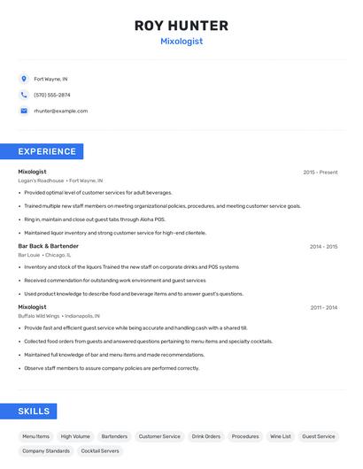 Mixologist Resume