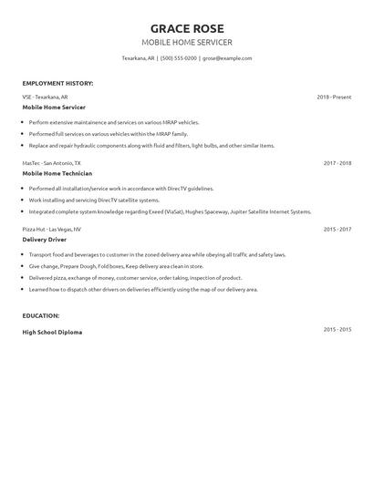 Mobile Home Servicer Resume