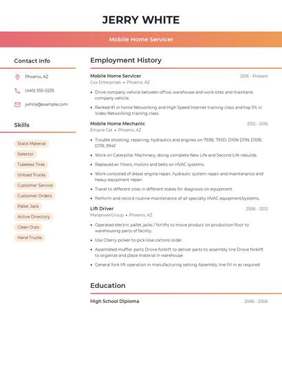 Mobile Home Servicer Resume